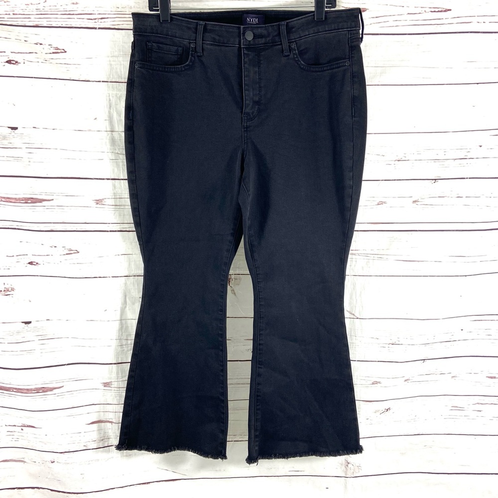 Nydj Trinity Jeans Women’s Petite 14P Black Wide Leg‎ Ankle Denim Raw Hem